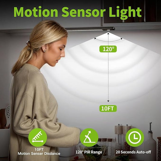 Motion Sensor Under Cabinet Lighting-Magnetic Rechargeable Closet Lights for Kitchen,Stairs,Wardrobe | 3-Color Dimmable LED Under Counter Lighting | Cord-Free Light Bars (9.5inch-2Pack)