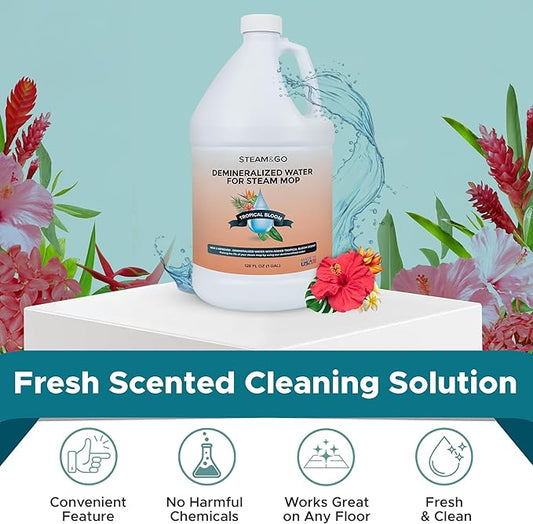 Steam & Go Demineralized Water Cleaning Solution for Floor & Multi-Surface Steam Cleaners - Compatible for All Steam Mops - Tropical Bloom Scent, 128 oz