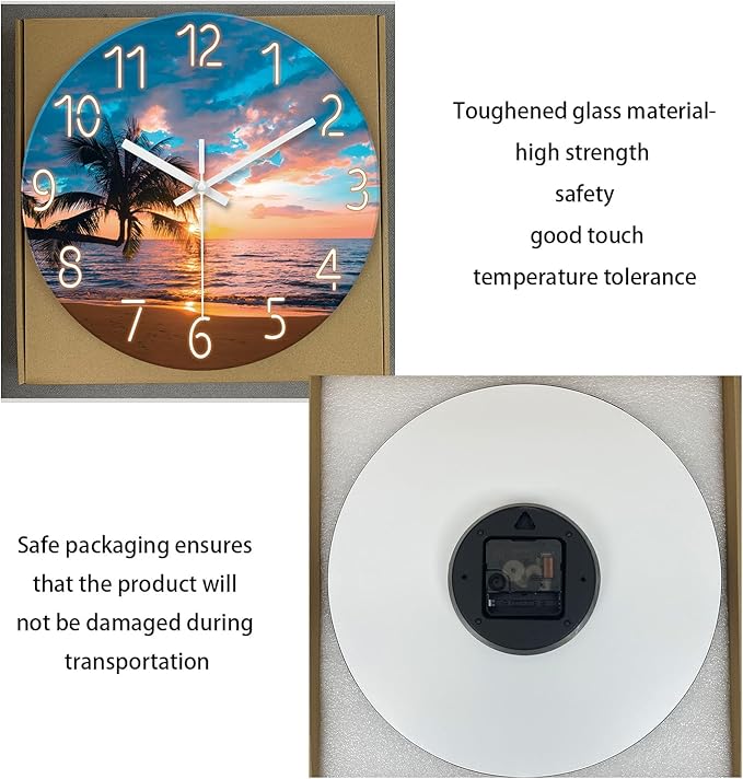XFM Coastal Blue Clock for Living Room Palm Tree Beach Wall Clock Silent Non-Ticking Glass Big Wall Clock Battery Operated 16 Inch