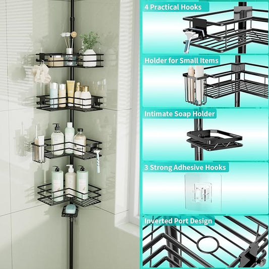 HapiRm Corner Shower Caddy Organizer - Shower Organizer Corner with Soap Holder, Toothbrush Holder and 4 Hooks, Rustproof Bathroom Shelf Tension Pole Available for 27.6 to 108.3 Inch - Black