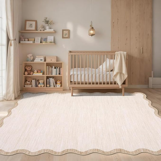 GarveeHome Scalloped Washable Rug 4x6, Beige Boho Living Room Area Rug, Bordered Non-Slip Farmhouse Bedroom Carpet Dorm Room Throw Rug, Low Pile Soft Accent Mat for Kitchen Entry Office 4'x6' Beige