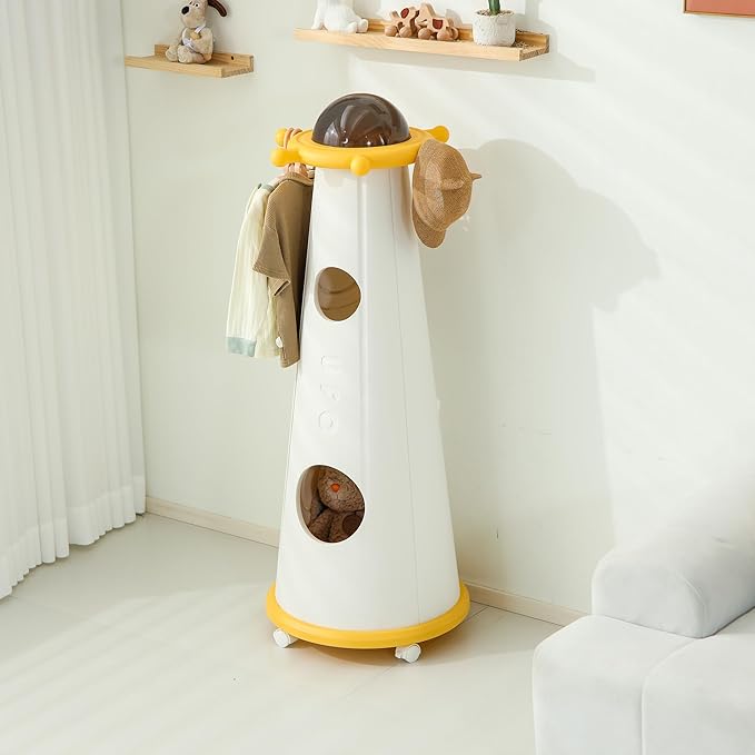 UFO Kids Closet Portable Children's Clothes Hanger is Used at The Door, Living Room And Room, Etc. Clothes, Schoolbags, Etc. Can be Hung on The top, and doll toys, etc. can be stored inside. (Yellow)