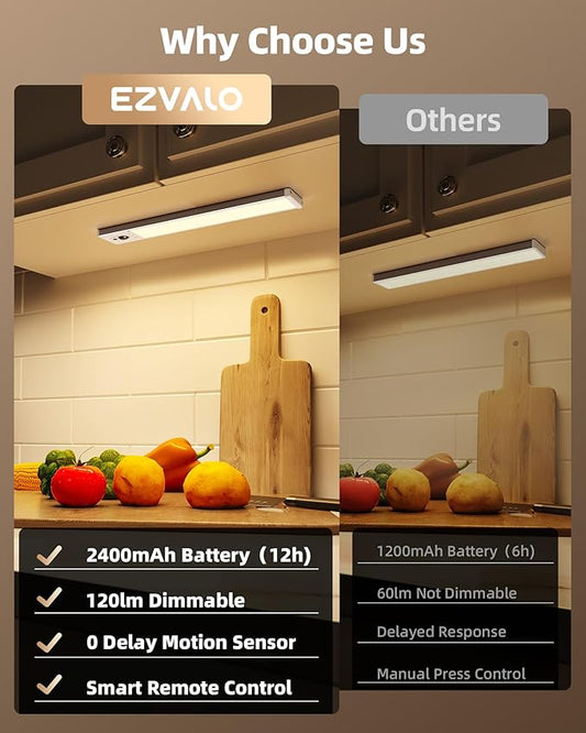 EZVALO Under Cabinet Lighting with Charging Station, Rechargeable Motion Sensor Light Indoor, Dimmable Closet Lights Wireless, 3500K, Motion Activated Under Counter Lights for Kitchen,Pantry(3 Pcs)