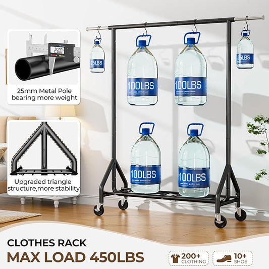 Heavy Duty Clothes Rack Load 450 LBS, Metal Garment Rack, Standing Rolling Clothing Rack for Hanging Clothes with Sturdy Wheels & Shelves, Portable Closet Wardrobe Rack,Black