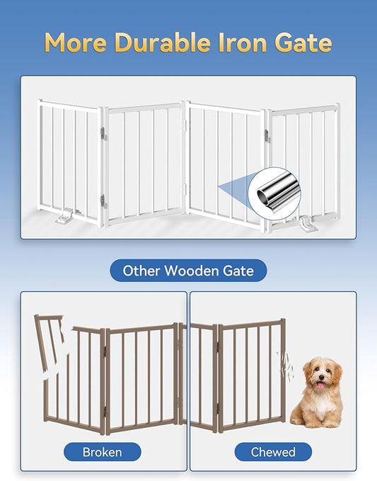 Free Standing Foldable Dog Gate, 16.5" High Step-Over Metal Short Pet Gate, Up to 48" Wide Puppy Fence for Stairs and Doorways, Indoor & Outdoor Use, No Drilling and No Assembly, White