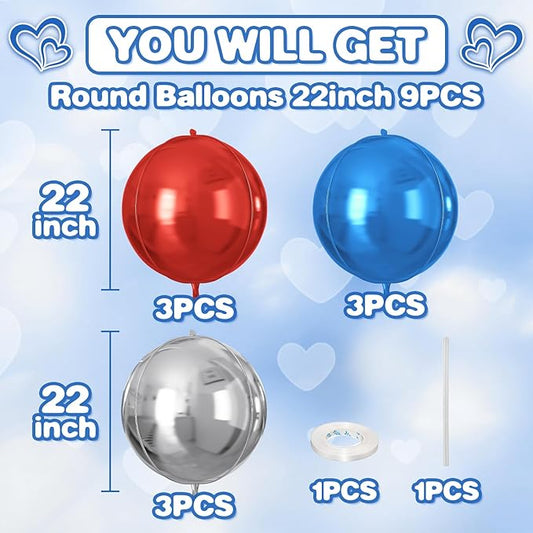 Red Blue Silver Round Foil Balloons 9 pcs,Metallic Giant 4D Round Balloons 22 Inch for Birthday Baby Shower Kids Boys Party Decorations