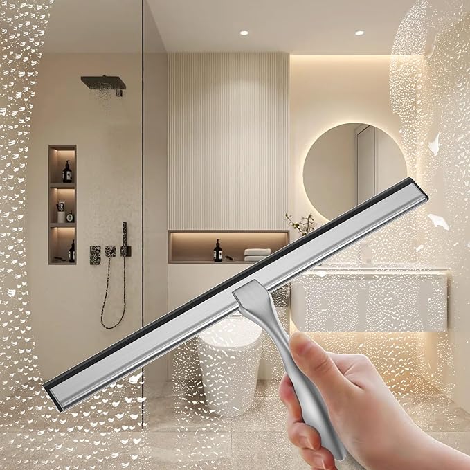 peafowl Shower Squeegee Stainless Steel Bath Squeegee for Shower Glass Doors Bathroom Windows Kitchen Mirror and Car Glass with Hooks Holder (14 inch, Brushed Silver)