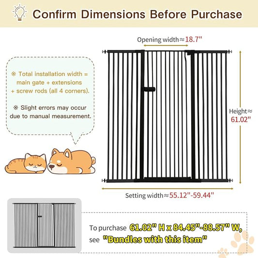 Lumizone Extra Tall Cat Gate 61.02" High Pressure Mounted Extra Wide 2025 New (17 Sizes) 1.37" Gap No Drilling Auto-Close One-Handed Operation Tall Pet Gate for Dogs(Black, 61.02" H x 55.12"-59.44" W)