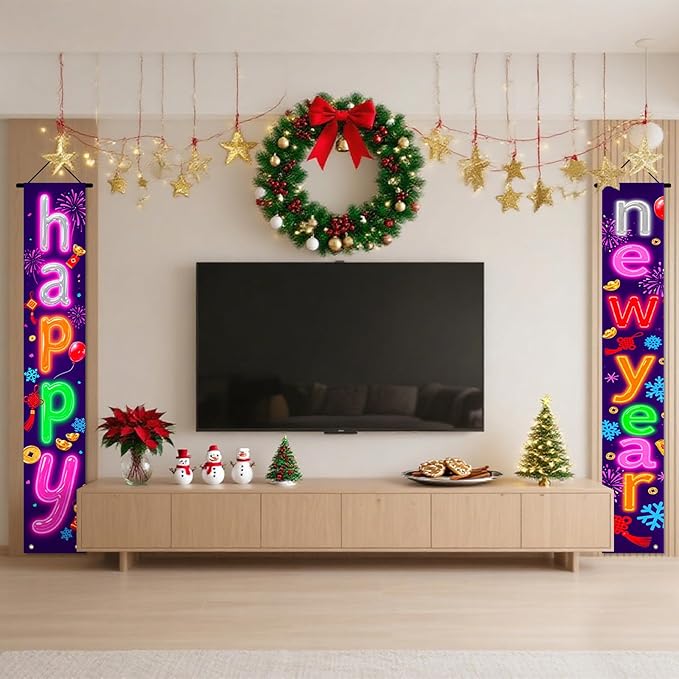 Nuxovilar Happy New Year Banner, 70.86" x 11.81" Colorful Background Letters Hanging Decorations for Outdoor Indoor Home Wall