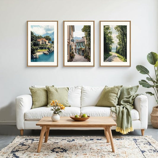 Large Vintage Italy City Coast Framed Canvas Wall Art,Modern French Country Street Wall Decor,Natural Town Tree Landscape Artwork for Living Room,Dining Room,Office -24"x36"x3