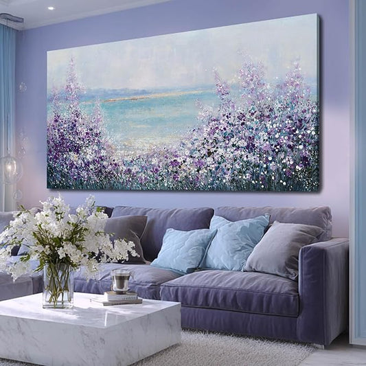 GAIDUOMAI Large Landscape Wall Art for Living Room Purple Flowers Pictures Wall Decor Blue Coastal Canvas Prints Modern Artwork for Bedroom Dining Room 29x58 Inch