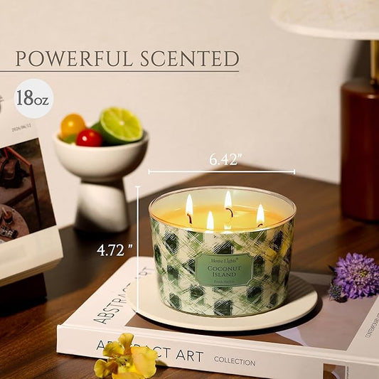HomeLights 4-Wick Candles for Home Scented - 18oz Soy Wax Blend Candle Long-Lasting Fragrance, Scandinavian Minimalist Design Home Decor and Housewarming Gifts, Coconut Island