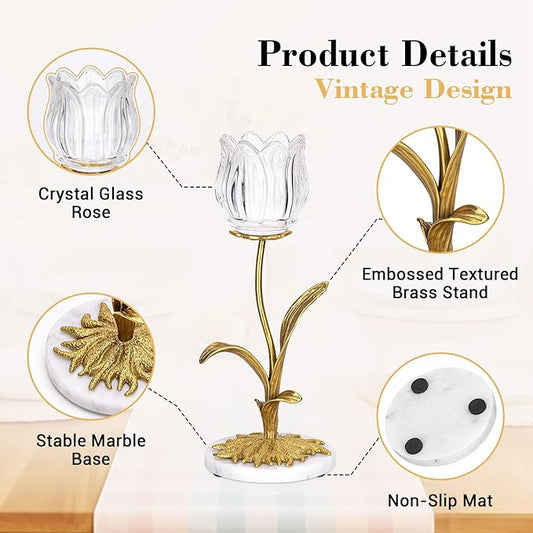 Candle Holder, Cut Rose Shaped Brass Candle Holder High-end Light Luxury Creative Art Crystal Glass Flower Candle Sticks Holder Decor Marble Disc Base Romantic Ambiance Table Decoration