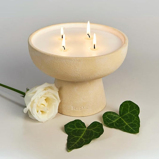 Blueme Renew Candle | Ivy & Rose | 4 Wick - Refillable Wellness Candle with Essential Oils, Hand Finished & Poured Soy Wax Blend Ceramic Vessel, Natural Cotton Wicks | Large 24 oz