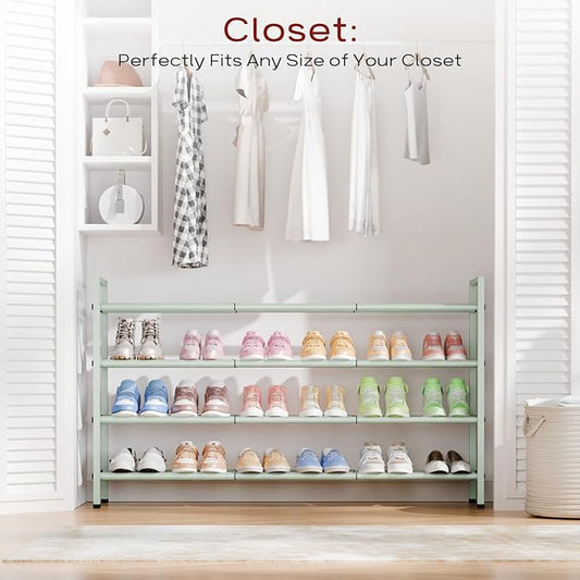 Bumusty 4-Tier Long Expandable Shoe Rack for Closet, 18"-44" Adjustable Shoe Rack for Entryway, 20-24 Pairs Large Shoe Organizer Shelf Storage, Sturdy Metal, Green