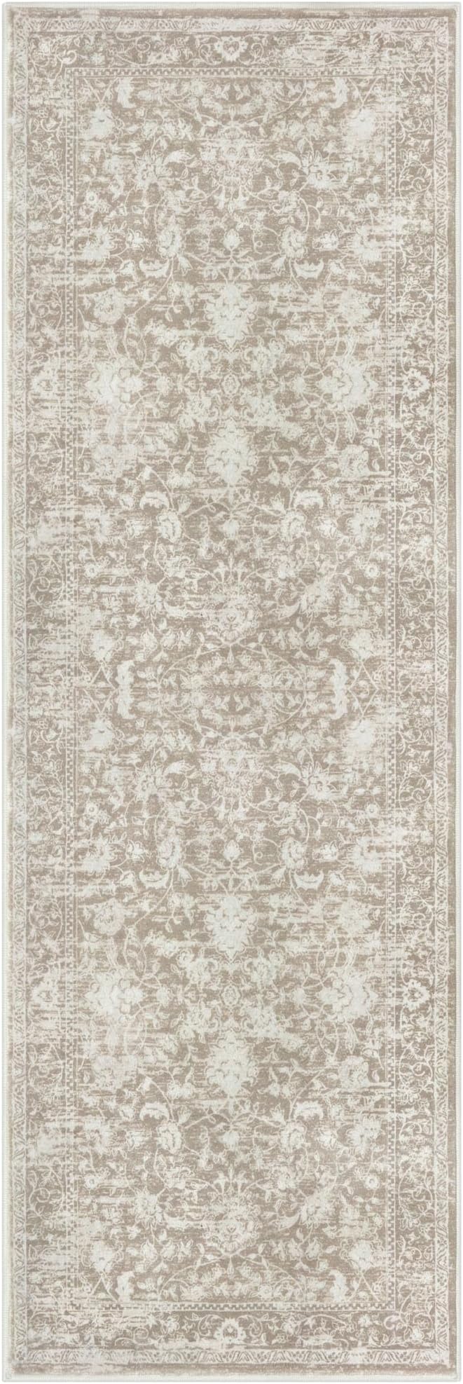 KILOCOCO Hallway Runner 2x6 Kitchen Runner Rug Printed Vintage Floral Washable Non-Slip Runners for Hallways Laundry Room Rugs Distressed Boho Rugs Runners for Bedroom, Beige