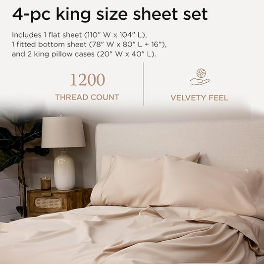 Threadmill Luxury Supima Cotton Sheets, 1200 Thread Count Soft 100% Cotton Sheets for King Size Bed, 4 Pc Beige King Bed Sheets Set, 5-Star Hotel Quality with Elasticized Deep Pocket King Sheets
