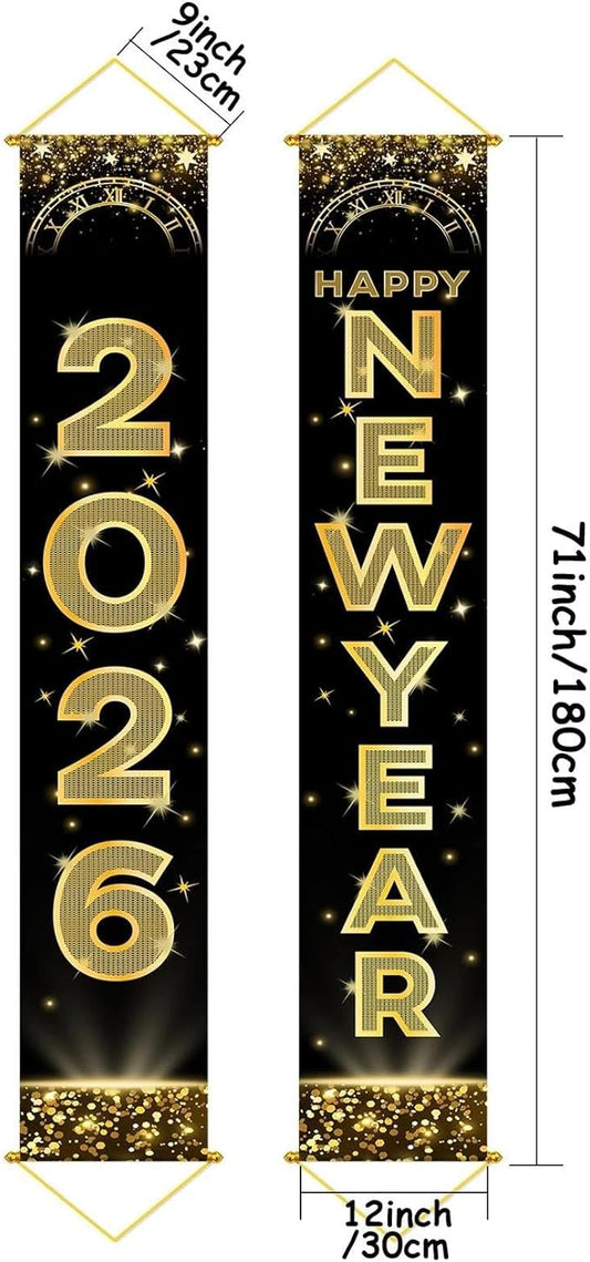Upgraded, Ideal New Years Eve Party Supplies 2026, 300D Premium New Year Banner 2026, Large 71x12in (with 2pcs Golden hanging rod) Classic Design, HQ Fabric, HD Printing, Perfect for NYE Decorations