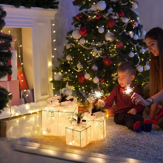 Christmas Light up Gift Boxes, Light up Xmas Boxes with Battery Operated for Christmas Decorations Indoor and Outdoor (3 Pack)