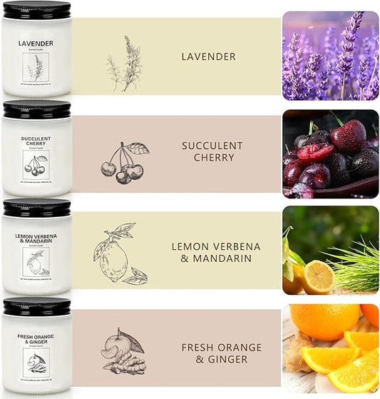 Soy Wax Scented Candle Gift Set, 4 Pack Lavender, Orange & Lemon Scents, Long Lasting Aromatherapy Candles for Home, Relaxing Gifts for Women, Perfect for Holiday, Thanksgiving & Christmas