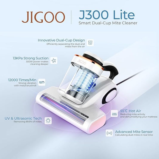J300 Lite Mattress Vacuum Cleaner,Bed Vacuum Cleaner with Dust Sensor with 253.7nm UV-C Light,Ultrasonic and High Heating Multifunctional Handheld Vacuums for Bed, Sofa, Couch (Corded)