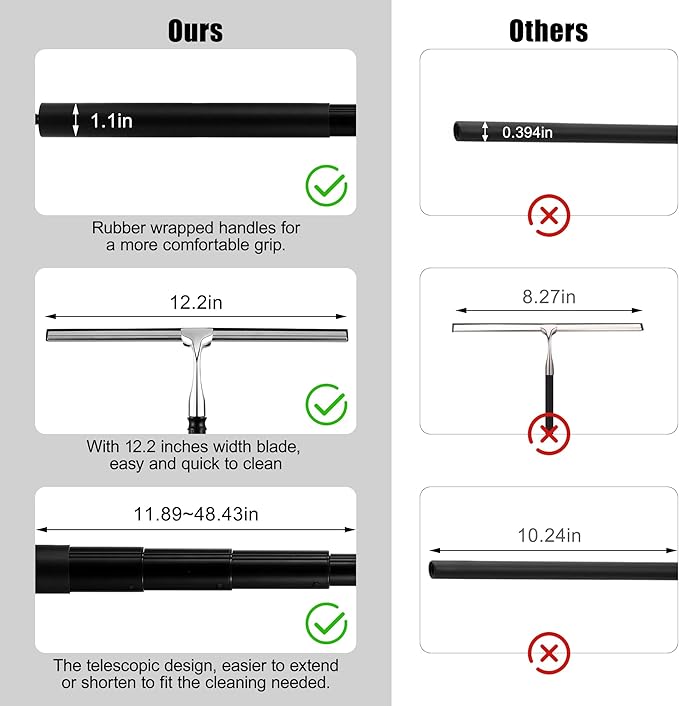 Window Squeegee for Home, 2 in 1 Window Washing kit with Extension Pole Long Handle Squeegee for Shower Glass Floor Tile Wall Car Windshield, 12 inch Wide, Black