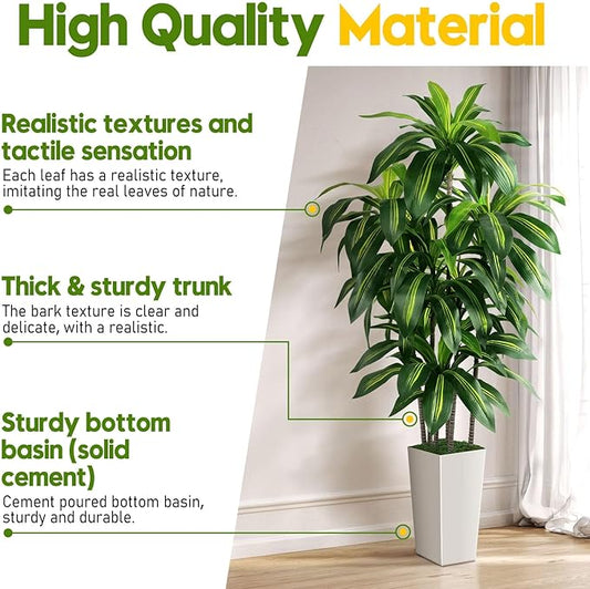 Artificial Dracaena Tree Indoor, 6FT Tall Fake Tree with White Tall Planter, Artificial Trees Fake Yucca Potted Tree for Home Office Living Room Decor, Tall Artificial Plant for Housewarming