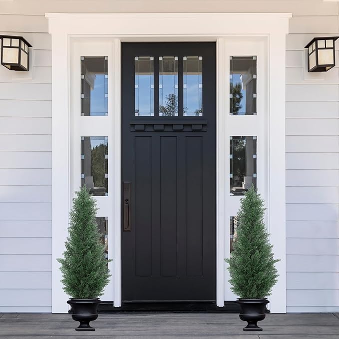 3FT Artificial Cedar Tree - Realistic Faux Cedar Trees for Outdoor Planters - Fake Cypress Trees for Front Porch - Faux Evergreen Plants for Home Porch Decor - Set of 2