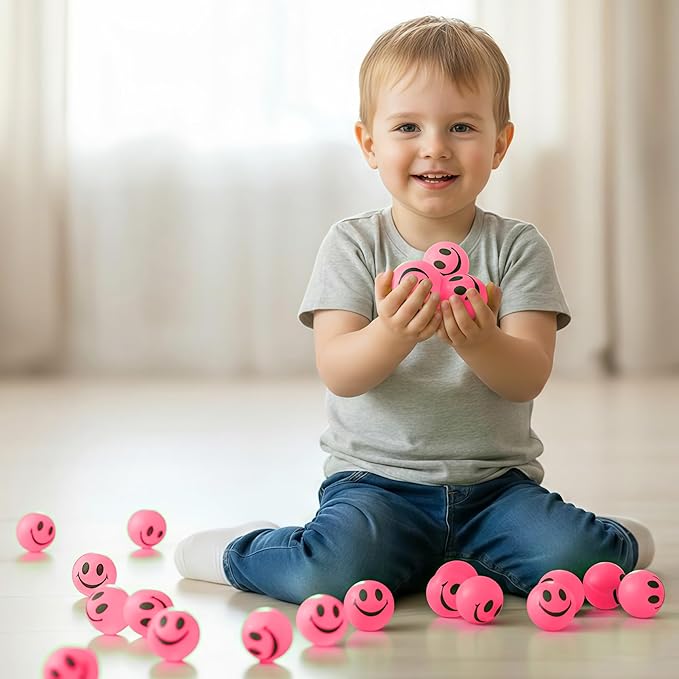 ArtCreativity 36 PCS Pink Glow in The Dark Smile Face Bouncing Balls - Bulk Pack of 36 - 1 Inch High-Bounce Bouncy Balls for Kids, Glowing Party Favors and Goodie Bag Fillers for Boys and Girls