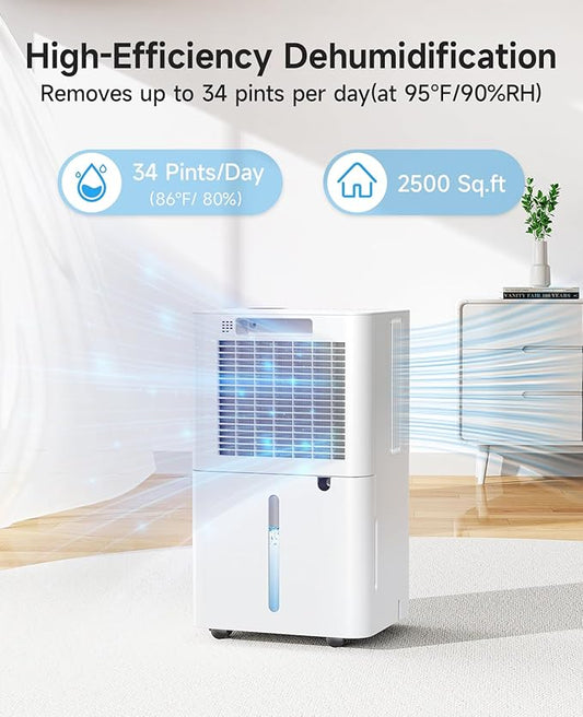 2500 Sq.Ft Dehumidifier for Basement with Drain Hose, 34 Pints Dehumidifiers for Home Large Room Bathroom Bedroom,3 Modes, Adjustable Humidity Control, Timer, Auto Defrost, Sleep Mode