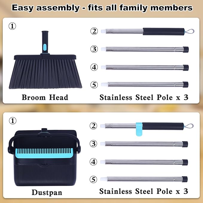 Upgrade Broom with Dustpan Combo Set Heavy Duty, Ergonomic Adjustable Handle, Cleaning Teeth, Ideal for Pets, Indoor and Outdoor Sweeping(Black)