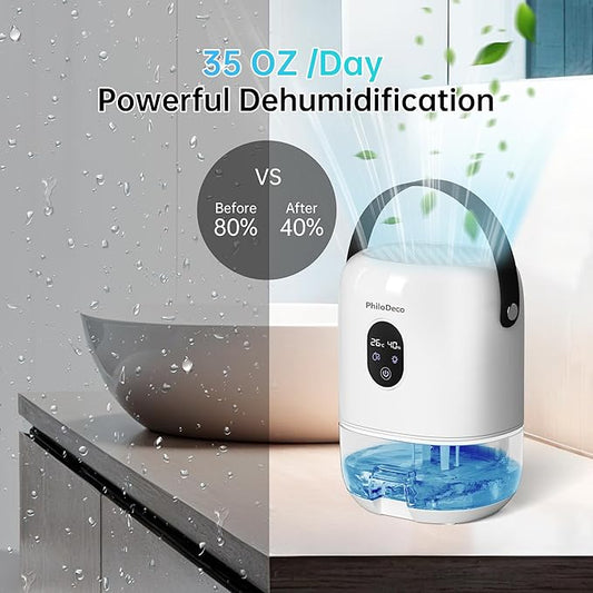 PHILODECO 280 Sq. Ft 35 OZ Dehumidifier, Portable Small Dehumidifiers for Bedroom, Bathroom, Basement,RV with CO mode, Sleep mode, Auto Shut Off, 7 Colorful Lights, White