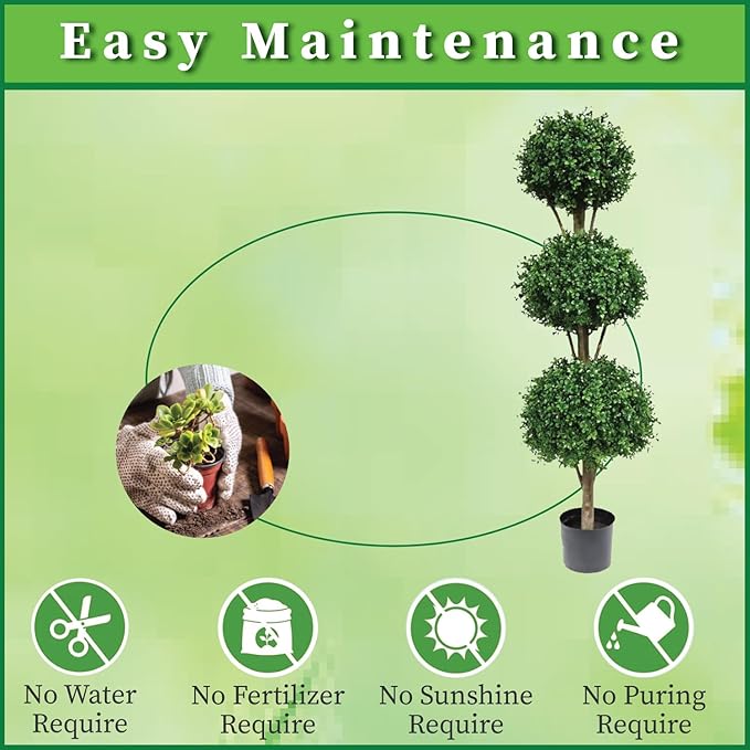 Two 66 Inch Artificial Boxwood Triple Ball Topiary Trees Potted UV Rated 5 and a Half Foot Tall