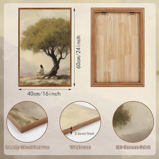 HLNIUC Jesus Framed Canvas Wall Art,Religious Christian Olive Poster,Vintage Mountain Natural Landscape Painting,Christian God Bible Story Canvas Art Print for Living Room Bedroom Church-16 x24 x3