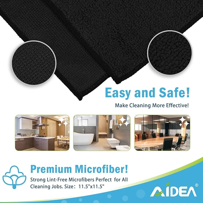 AIDEA Microfiber Cleaning Cloth Black 12PK, Microfiber Towels for Cars, Premium Car Cloths, Dusting Cloth Lint Free Cleaning Rags for SUVs, House, Kitchen, Window, Workshops,11.5×11.5"