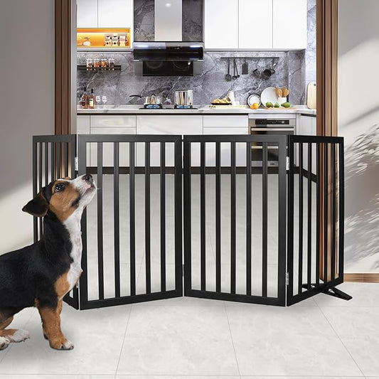 Dog Gate Indoor, Freestanding Dog Fence for The House, Doorways, Hallways,or Stairs,Pet Gate Foldable Wooden,Expandable 32" Height 4 Panels,Black