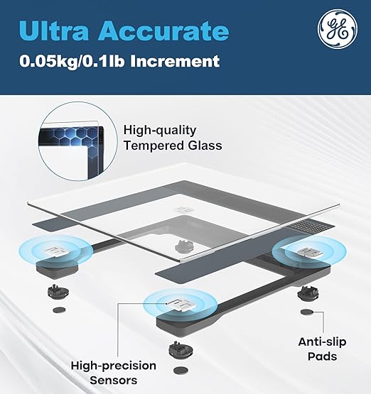 GE Bathroom Scale for Body Weight: Highly Accurate Digital Scale Weighing Machine with Clear Tempered Glass, 11.8" Large Platform, LED Display, 400 lbs, 4 Units, with Body Tape Measure and Batteries