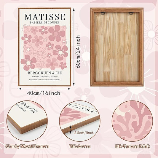 HLNIUC Pink Matisse Picasso Framed Wall Art,Neutral Pink Flower Canvas Wall Decor Set of 3(16”x24’) Modern Aesthetic Pictures Wall Painting,Abstract Floral Market Art Print for Living Room,Bedroom