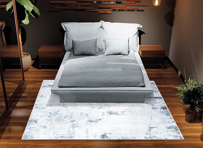 Bloom Rugs Caria Washable Non-Slip 5x7 Rug - Ivory/Silver/Blue Modern Abstract Area Rug for Living Room, Bedroom, Dining Room, and Kitchen - Exact Size: 5' x 7'