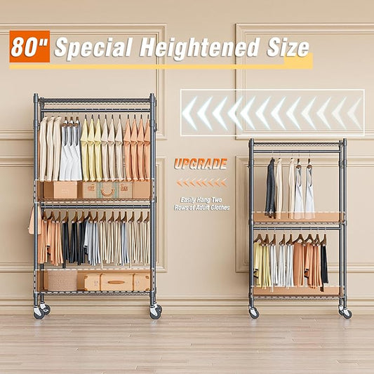 Homdox Garment Rack Heavy Duty, 3 Tier Rolling Clothing Racks for Hanging Clothes, Metal Wardrobe Closet, Free-Standing Clothes Organizer Rack with Double Rods & Side hooks, Gray