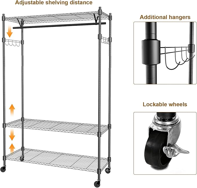Rolling Garment Rack with Adjustable Wire Shelf, 3 Tired Clothes Rack including 1 Clothes Hanging Bar, 1 Roating Hanger Hooks - Hold Up to 400Lbs (Black, 1Rod 1Hook)
