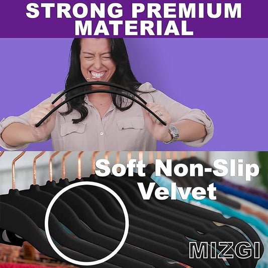 MIZGI Premium Velvet Hangers (50 Pack) Heavy Duty - Non Slip Felt Hangers - Velvet Suit Hanger Black - Rose Gold Hooks,Space Saving Clothes Hanger