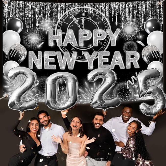 Black Silver Happy New Year Backdrop 2026 Kiss Me at Midnight Photography Background Cheers to The New Year Eve Hello 2026 Party Decorations Firework Banner Photo Props 7X5ft