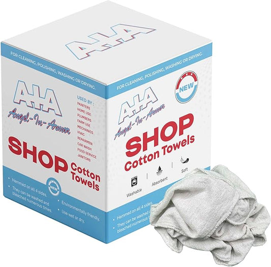 Angel-in-Armor White Shop Towels (14”x14”) – 250 Unit Box of Lint-Free Cotton Shop Towel Cleaning Rags – Durable Shop Rags for Auto, Garage, Industrial, and Commercial Use