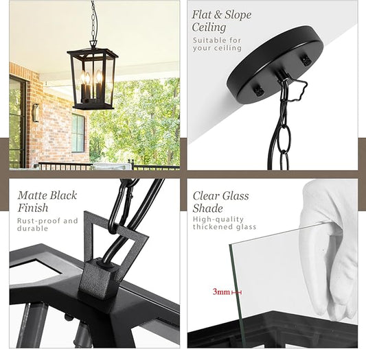 Outdoor Pendant Lights for Porch, 16" 4-Light Large Outdoor Chandelier with Clear Glass, Black Modern Exterior Hanging Porch Light with Long Chain for Gazebo Foyer, OS-OD2601-4HL