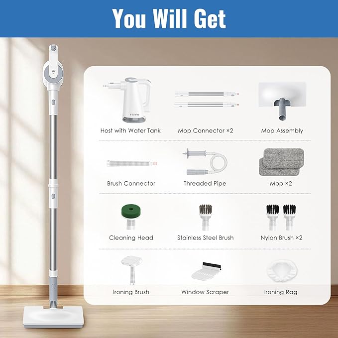 FEPPO Steam Mop & Handheld Steam Cleaner for Home and Floor Cleaning, 15s Heat-Up, 230°F Powerful Steamer with 10-in-1 Multi-Purpose Attachments for Floors, Hardwood,Tiles,Grout,Windows,Kitchen,Bath