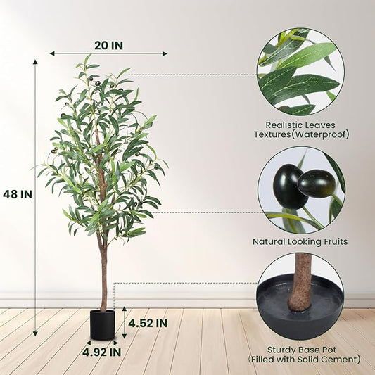 Artificial Olive Tree, 4FT Tall Faux Olive Trees 48in Outdoor Fake Potted Silk Plant with Trunk and Realistic 436 Leaves and 16 Fruits for Modern Office Home Decor(1pack)