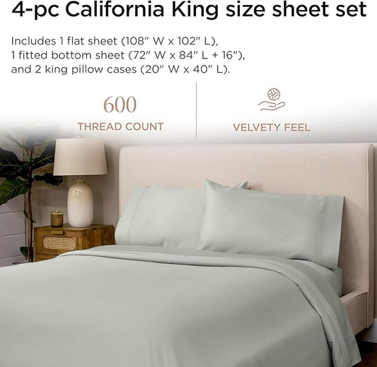 Threadmill 100% Cotton Sheets for Cal King Size Bed - 600 Thread Count Cal King Bed Sheets Set with 16” Deep Pocket - Sateen Weave 4-Piece Bedding Set with Cooling Effect, Light Grey