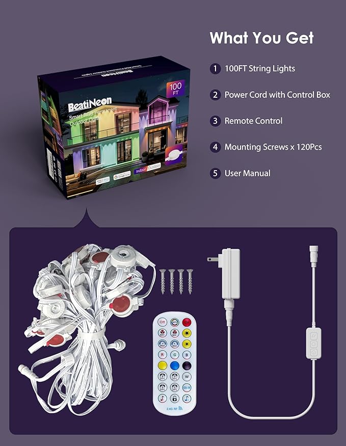 100ft Permanent Outdoor Lights, Smart RGB+IC Eave Lights, 60 Bright LEDs with 75 DIY Scene Modes & 16 Million Colors, Work with Alexa/App, IP68 Waterproof Light for House Holiday Christmas