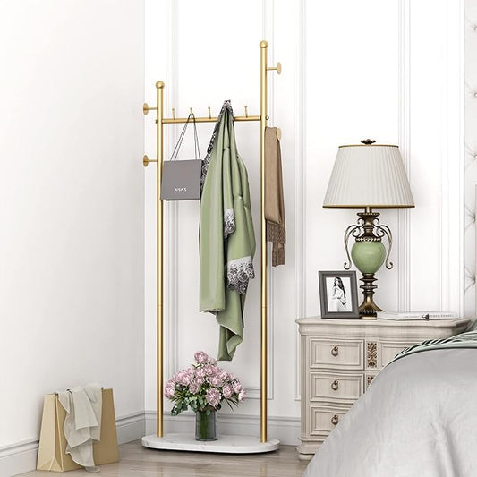 DR.IRON Gold Clothing Racks with Marble Base Modern Coat Racks Freestanding Gold Clothes Rack with Shelves for Bedroom Heavy Duty Garment Racks in Hallway, Entryway